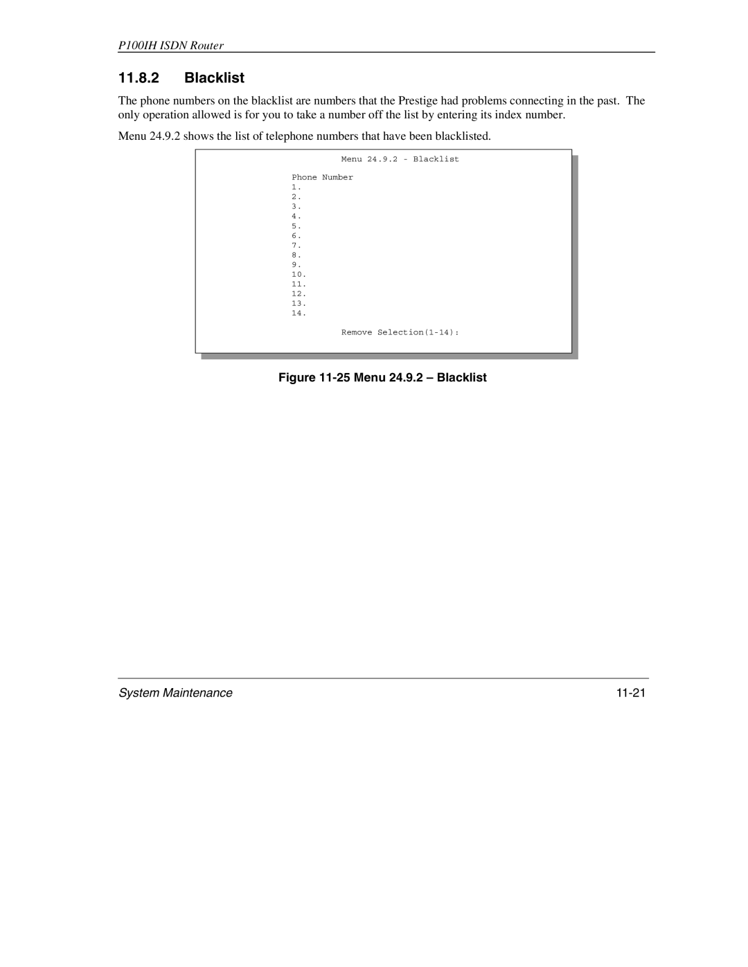 ZyXEL Communications 1001H manual Blacklist, System Maintenance 11-21 