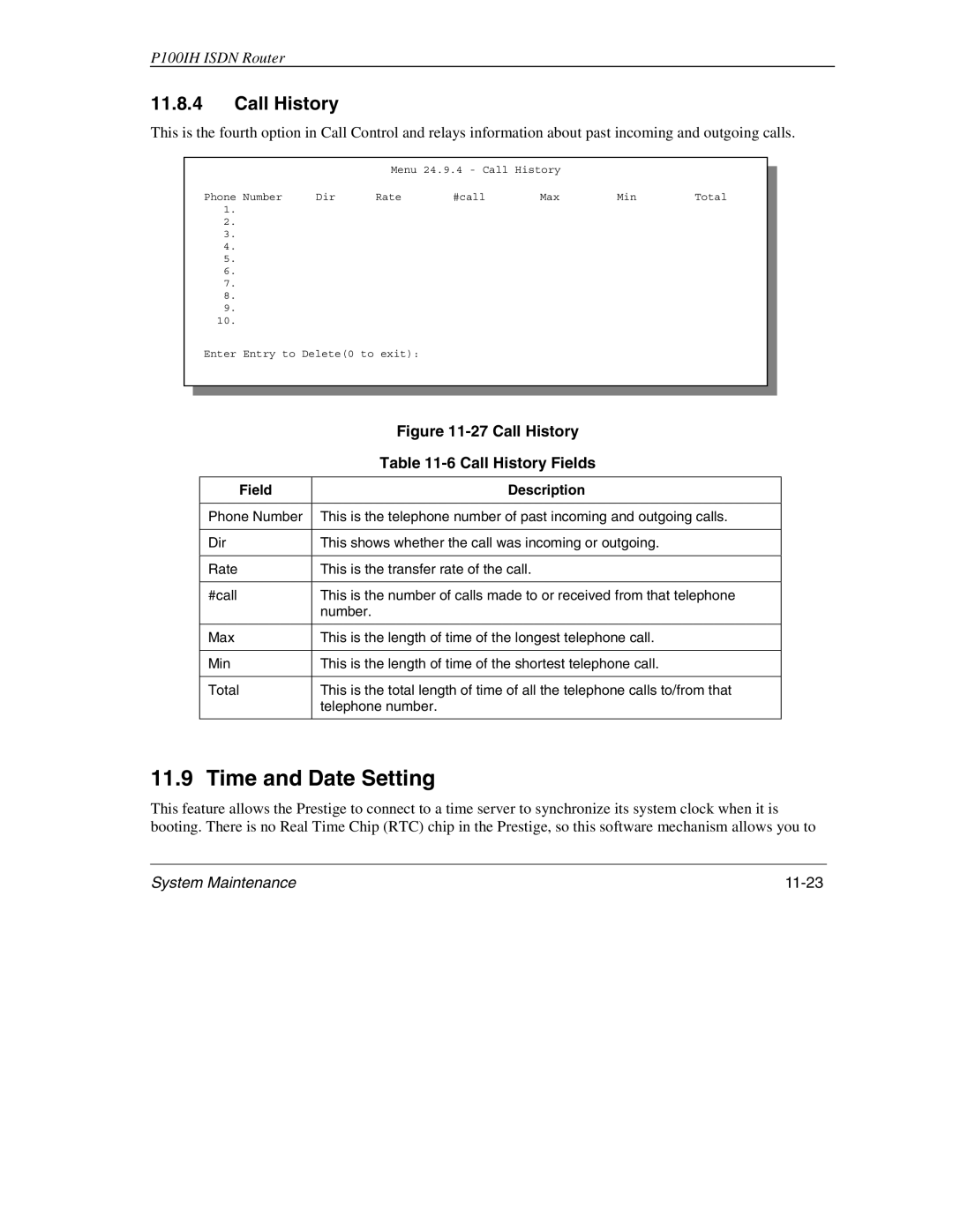 ZyXEL Communications 1001H manual Time and Date Setting, Call History, System Maintenance 11-23 