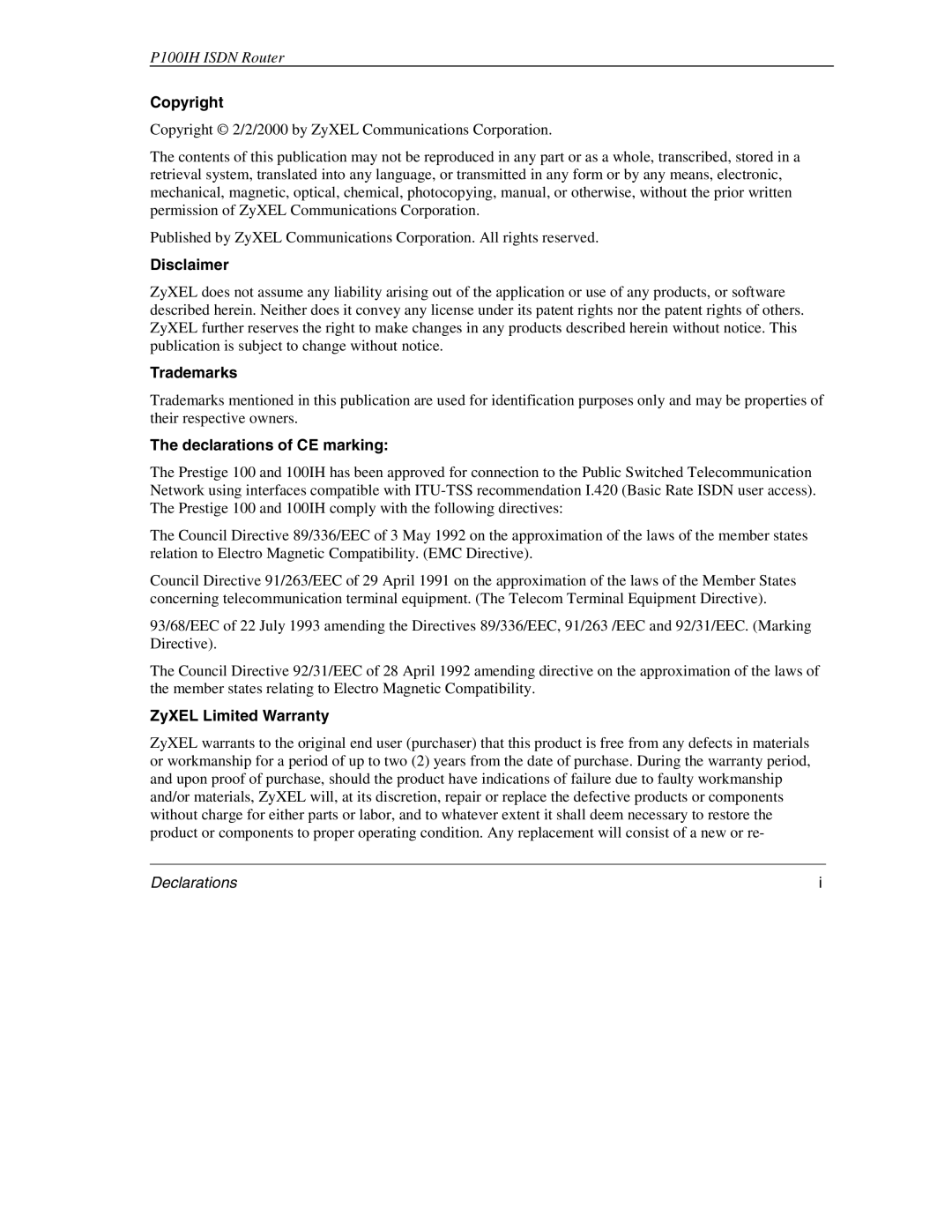 ZyXEL Communications 1001H manual Copyright, Disclaimer, Trademarks, Declarations of CE marking, ZyXEL Limited Warranty 