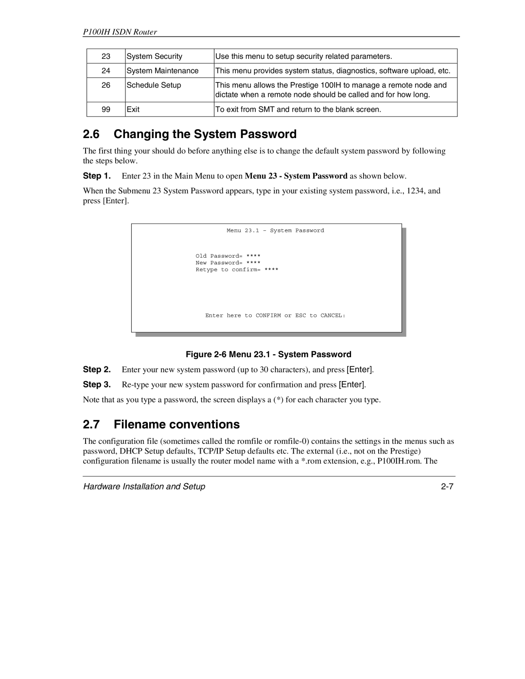 ZyXEL Communications 1001H manual Changing the System Password, Filename conventions 