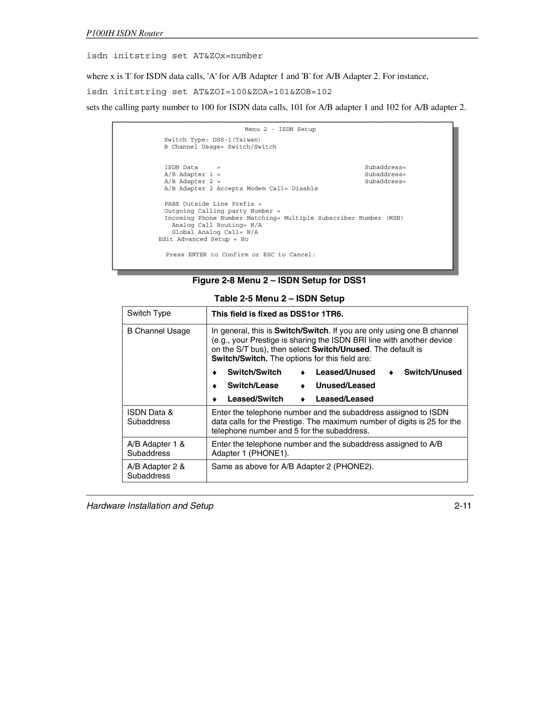 ZyXEL Communications 1001H manual Menu 2 Isdn Setup, This field is fixed as DSS1or 1TR6 