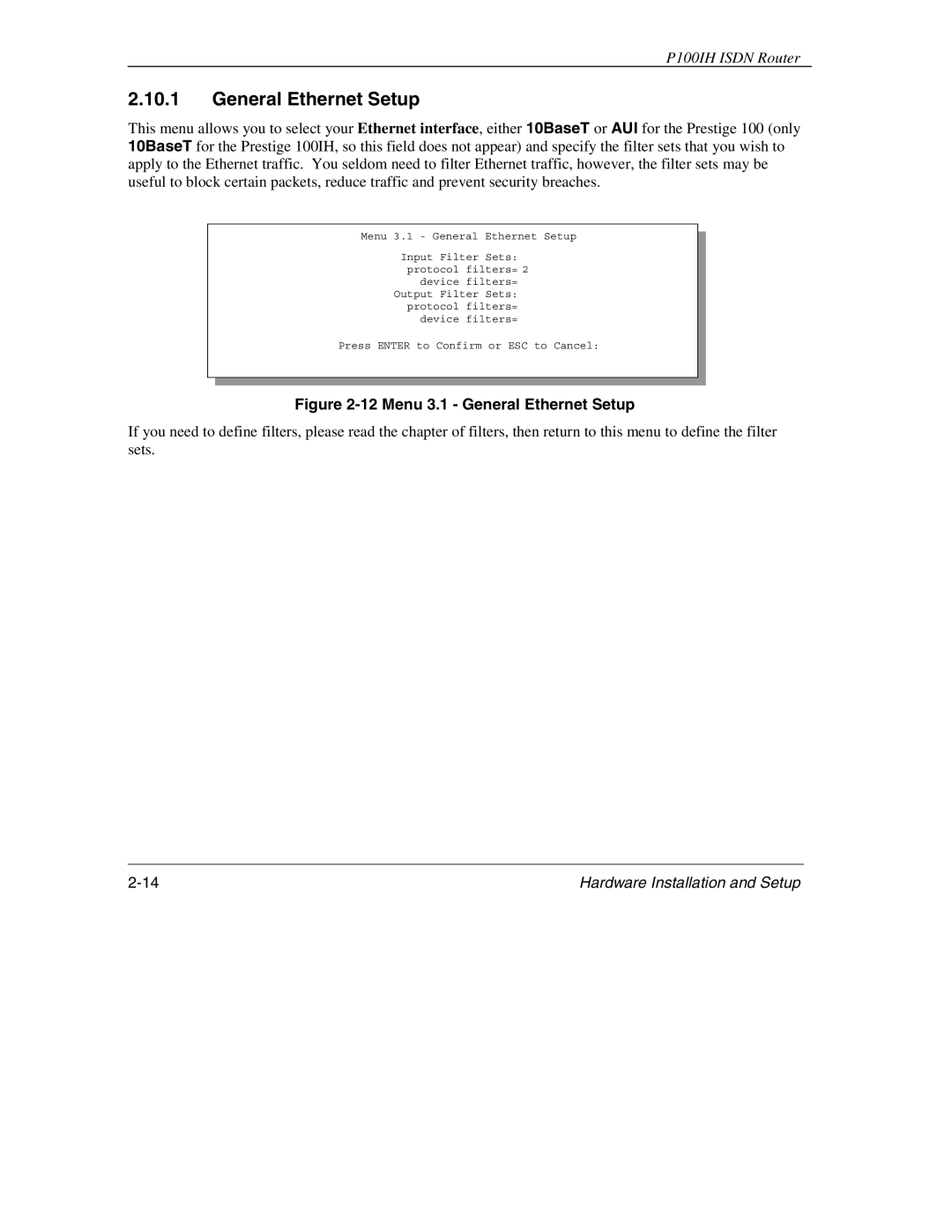 ZyXEL Communications 1001H manual Menu 3.1 General Ethernet Setup 