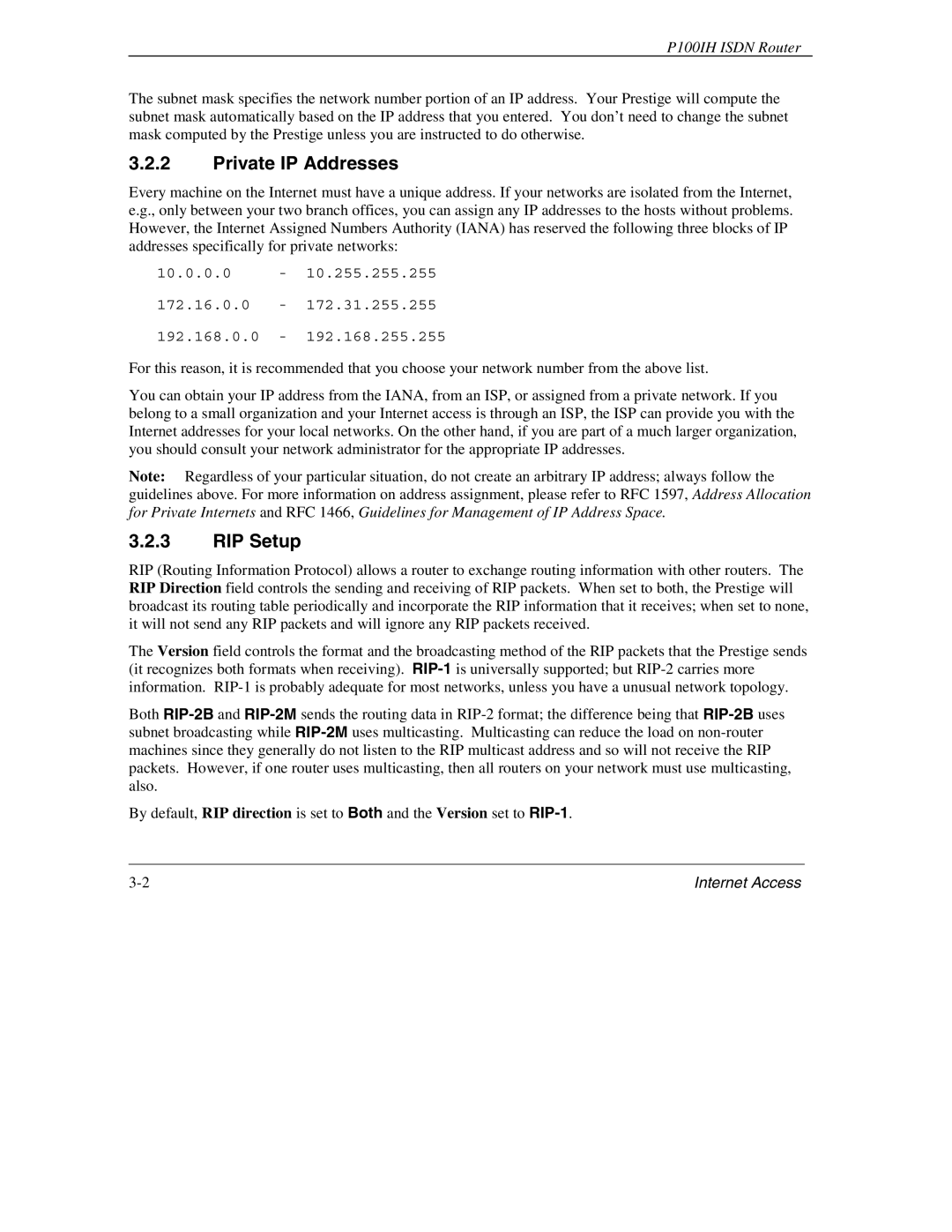 ZyXEL Communications 1001H manual Private IP Addresses, RIP Setup 