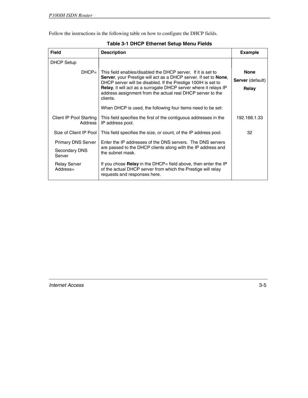 ZyXEL Communications 1001H manual Dhcp Ethernet Setup Menu Fields, None, Relay 