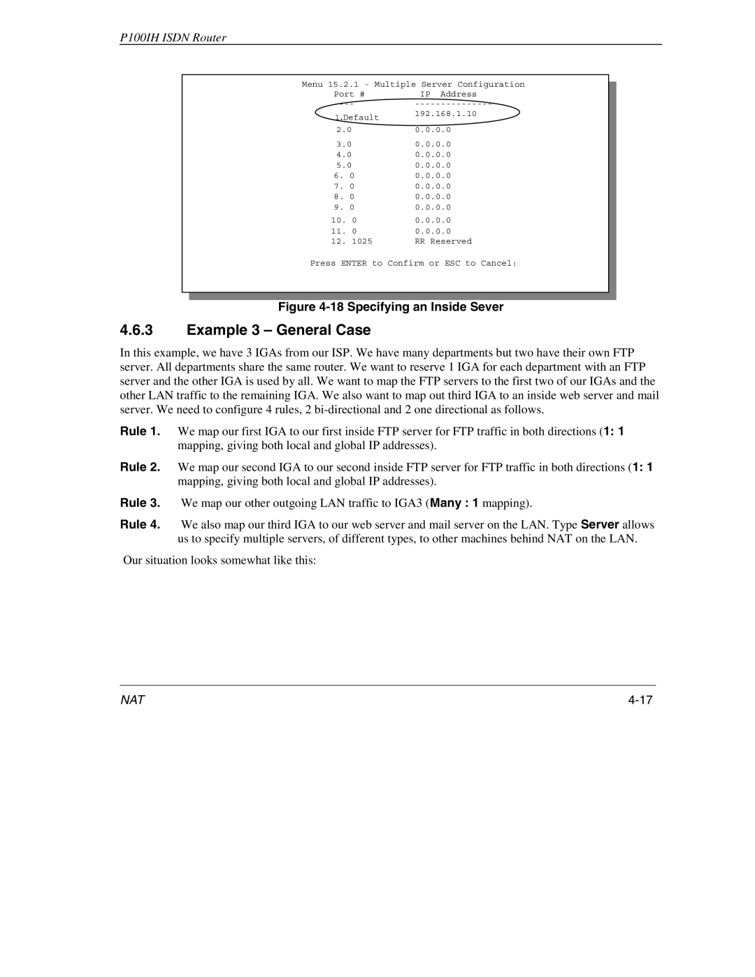 ZyXEL Communications 1001H manual Example 3 General Case, Specifying an Inside Sever 