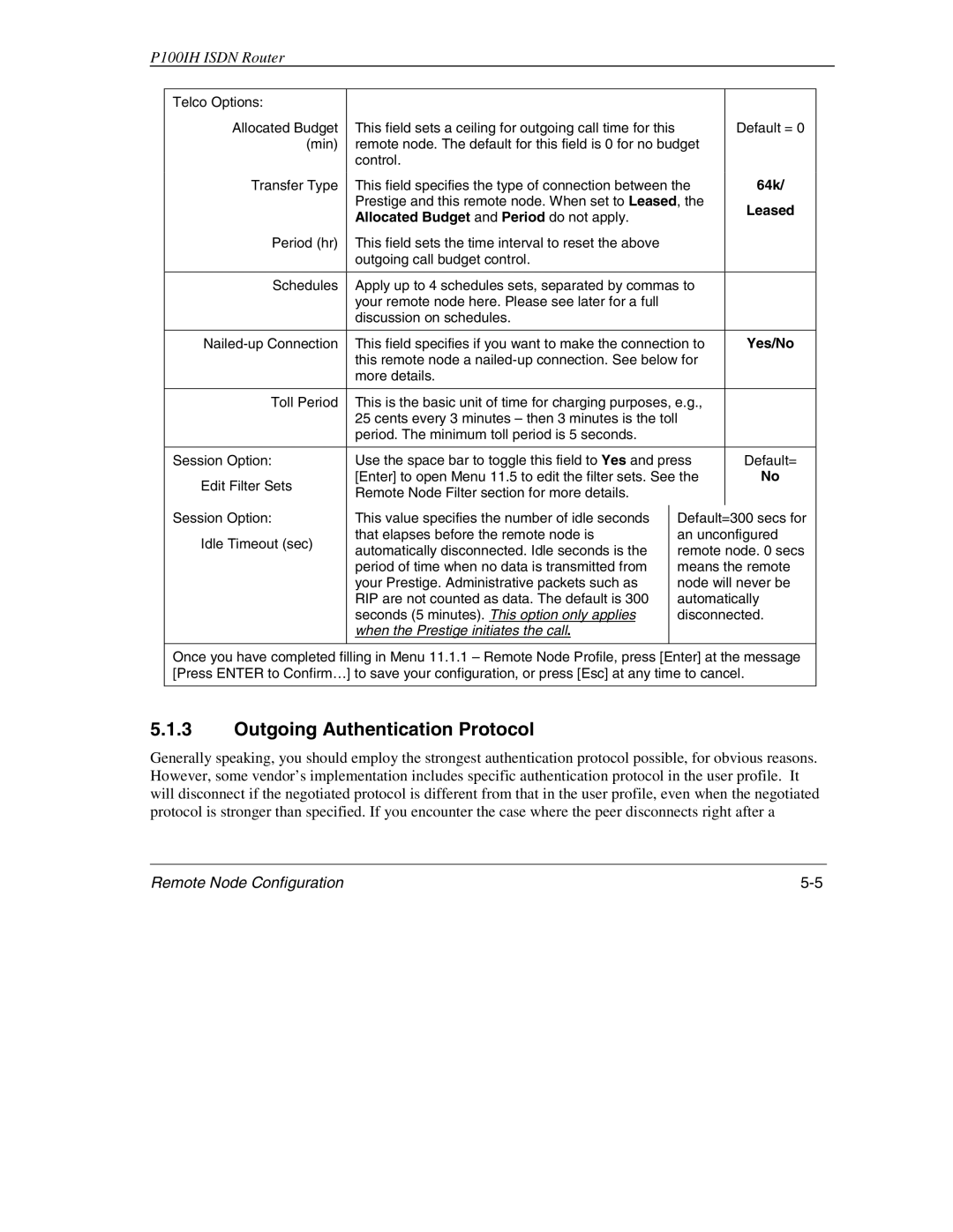 ZyXEL Communications 1001H manual Outgoing Authentication Protocol, 64k Leased 