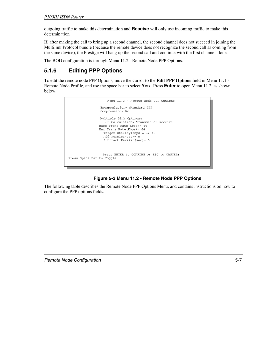 ZyXEL Communications 1001H manual Editing PPP Options, Menu 11.2 Remote Node PPP Options 