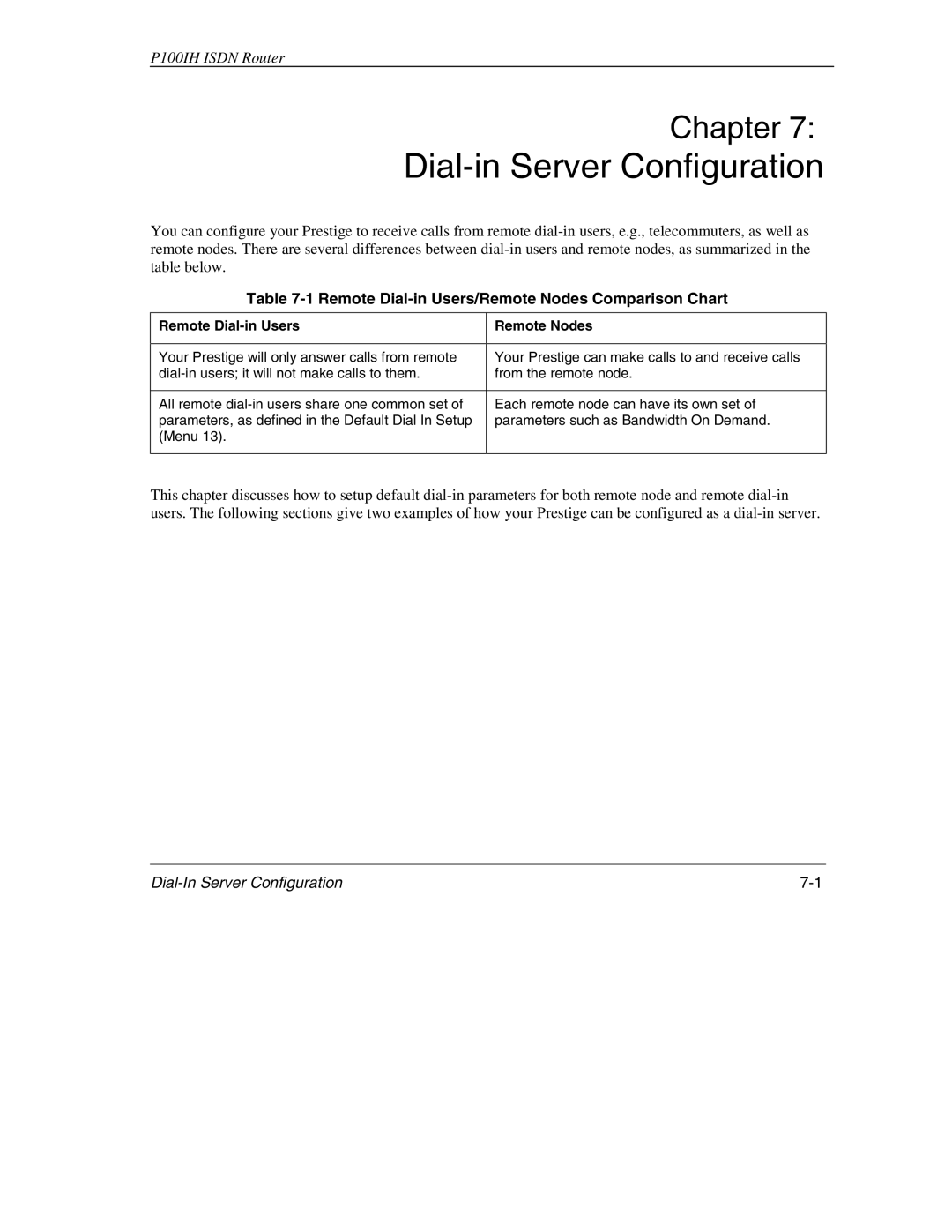 ZyXEL Communications 1001H manual Dial-in Server Configuration, Remote Dial-in Users/Remote Nodes Comparison Chart 