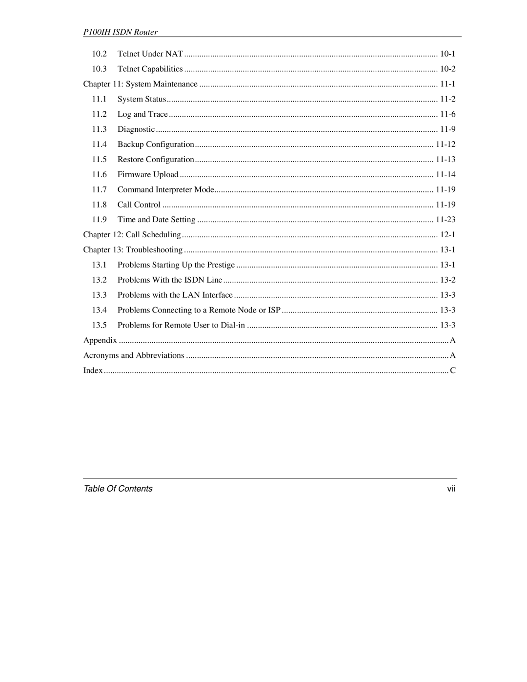 ZyXEL Communications 1001H manual Table Of Contents Vii 