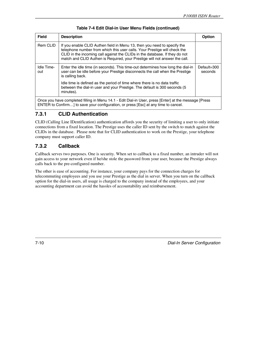 ZyXEL Communications 1001H manual Clid Authentication, Callback 