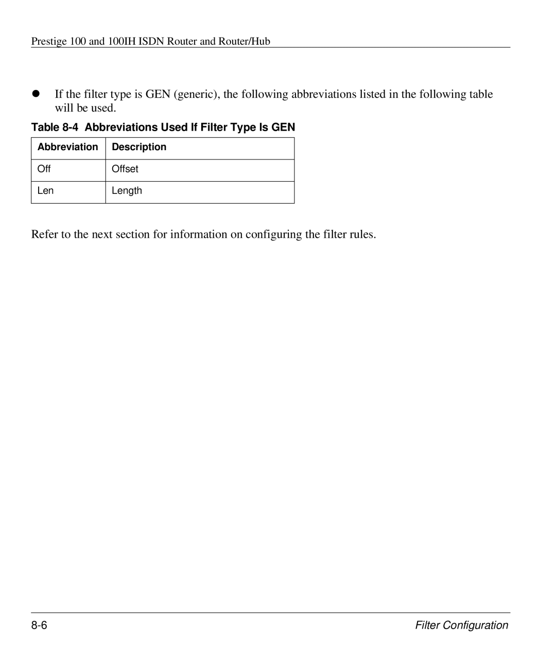 ZyXEL Communications 100IH manual Abbreviations Used If Filter Type Is GEN 