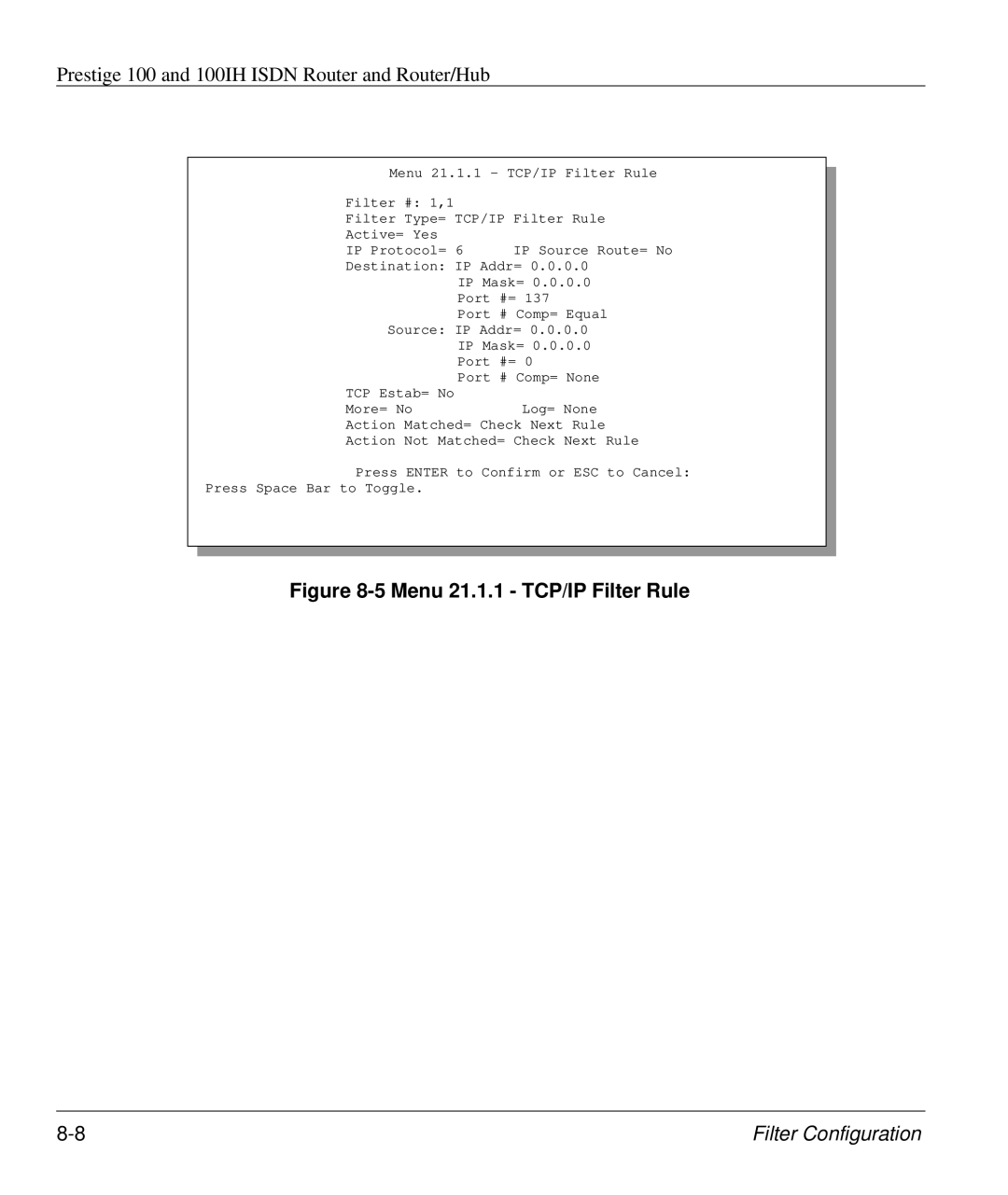 ZyXEL Communications 100IH manual Menu 21.1.1 TCP/IP Filter Rule 