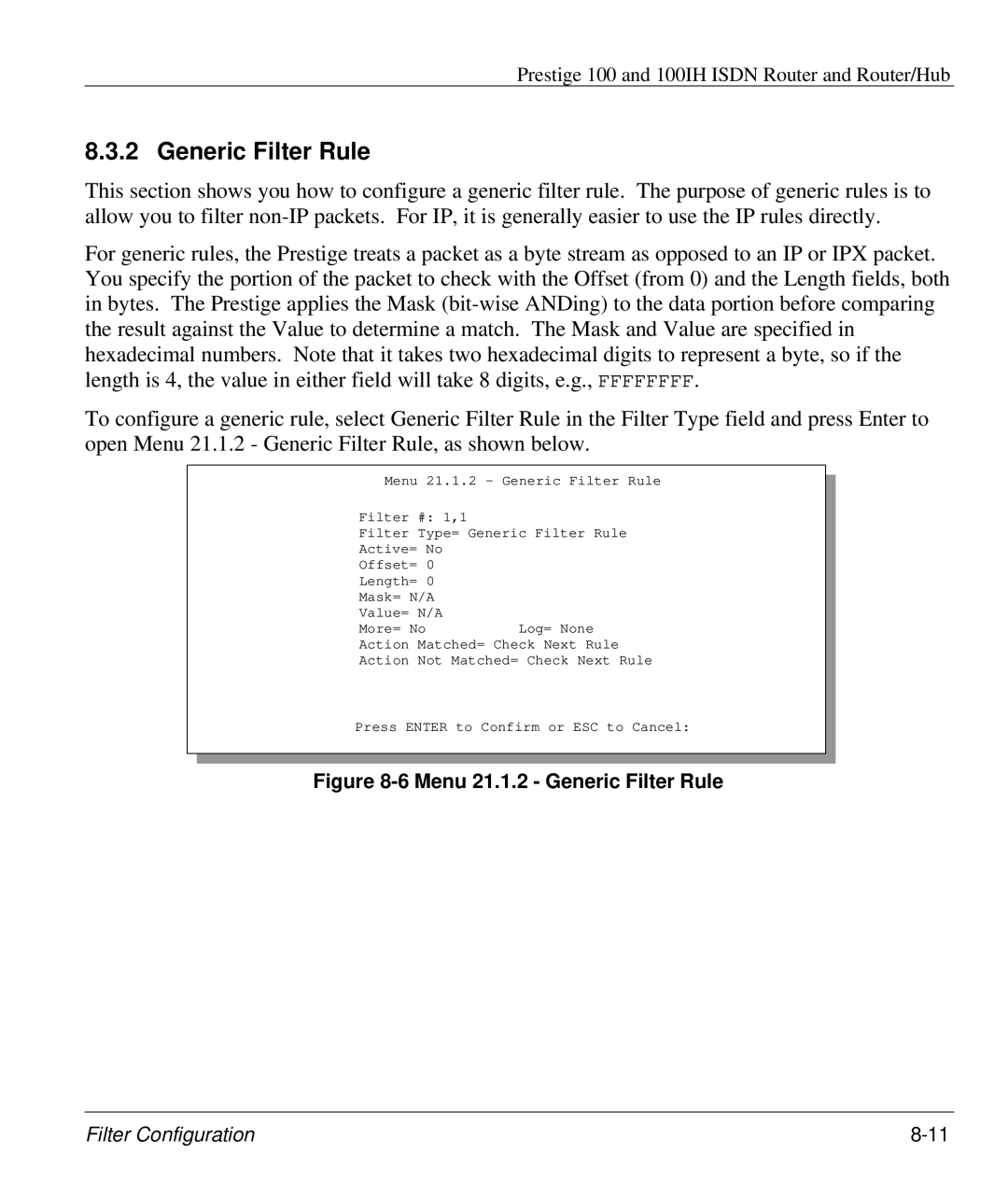 ZyXEL Communications 100IH manual Menu 21.1.2 Generic Filter Rule 