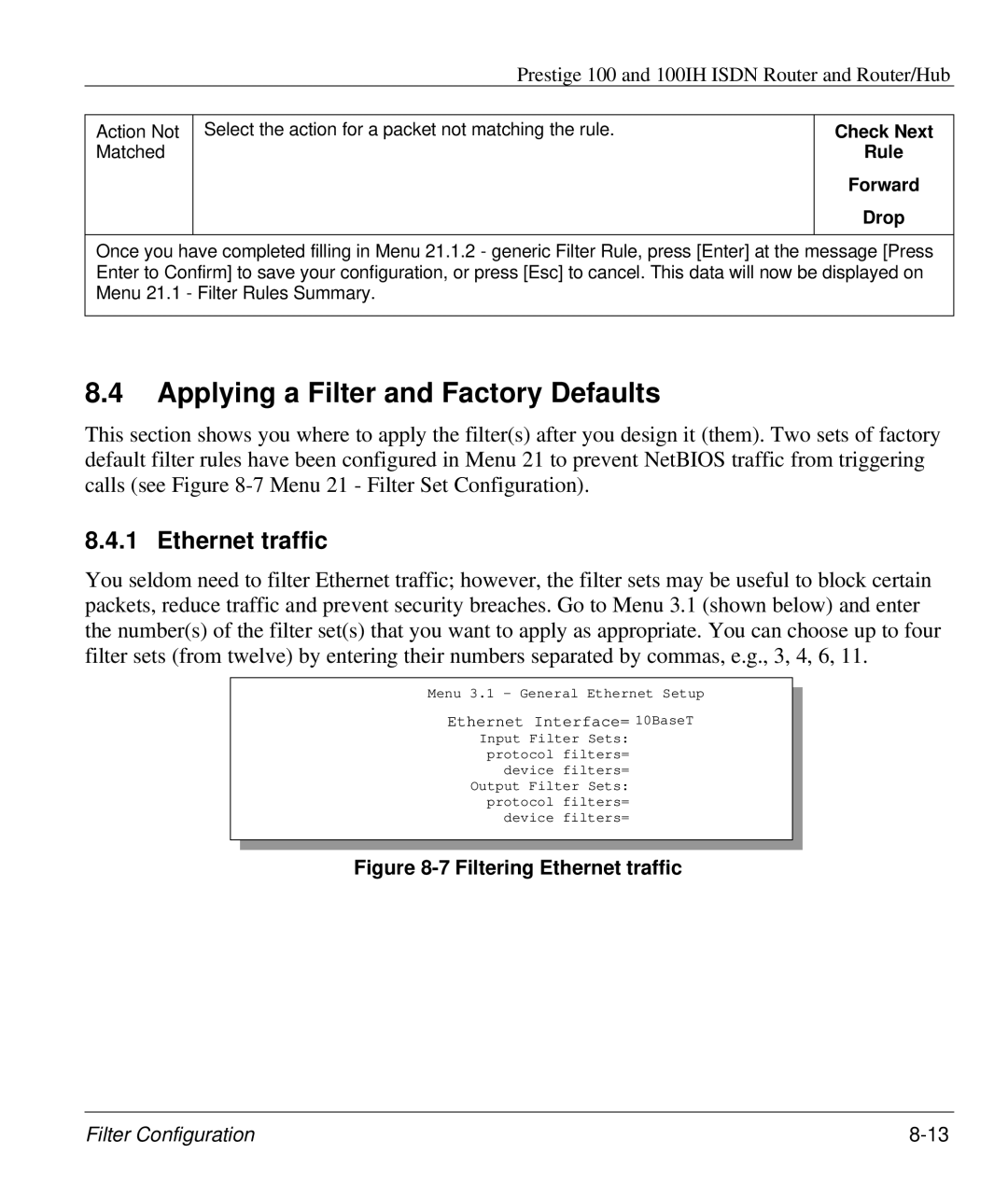 ZyXEL Communications 100IH manual Applying a Filter and Factory Defaults, Ethernet traffic, Check Next Rule Forward Drop 