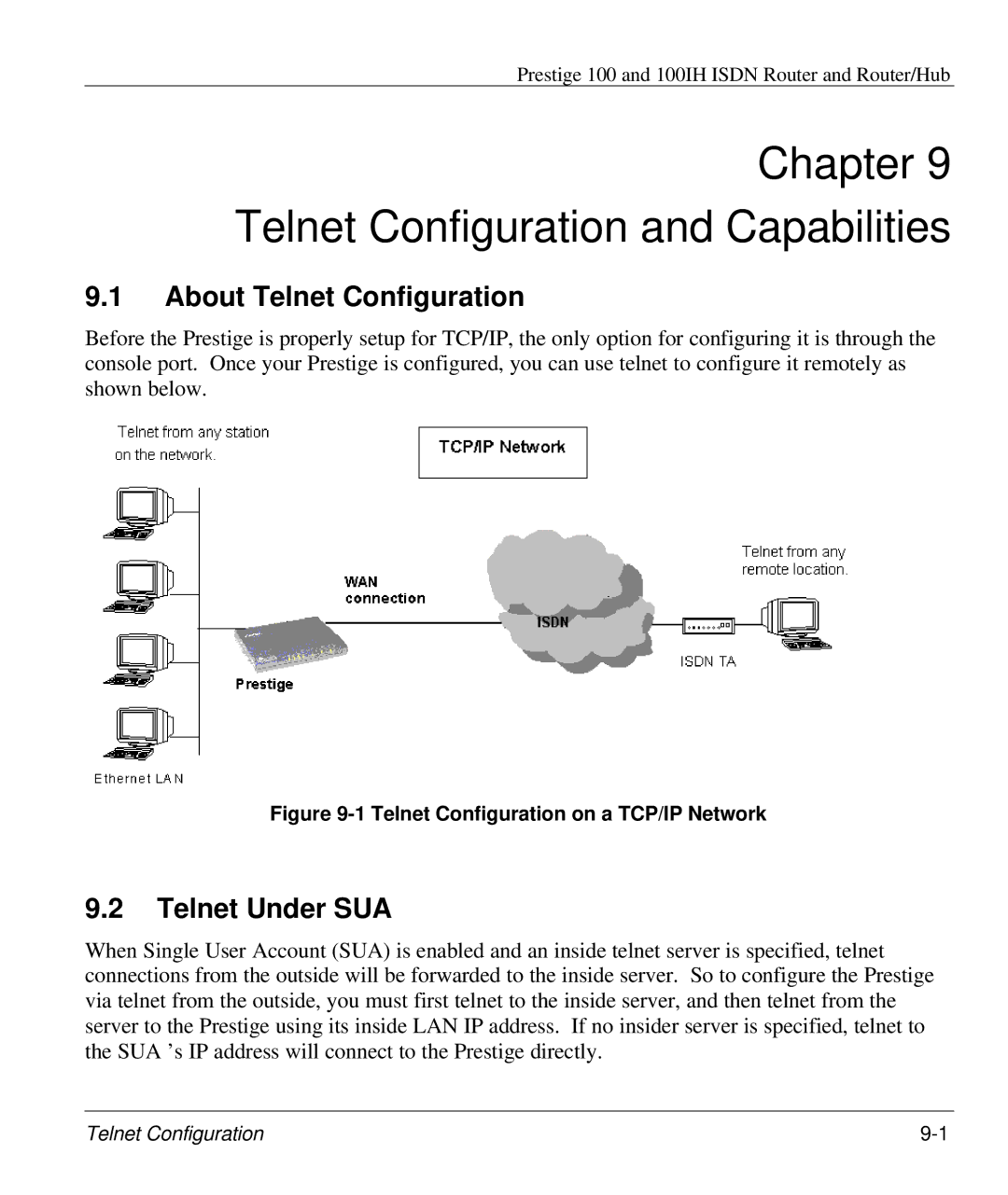 ZyXEL Communications 100IH manual Telnet Configuration and Capabilities, About Telnet Configuration, Telnet Under SUA 