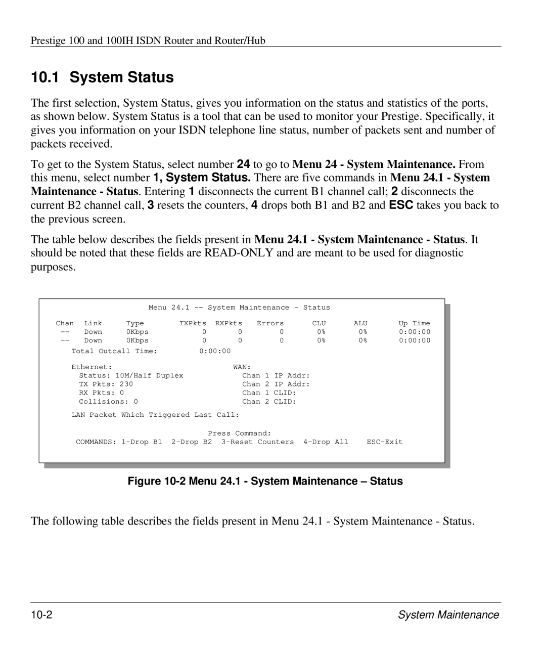 ZyXEL Communications 100IH manual System Status, Menu 24.1 System Maintenance Status 