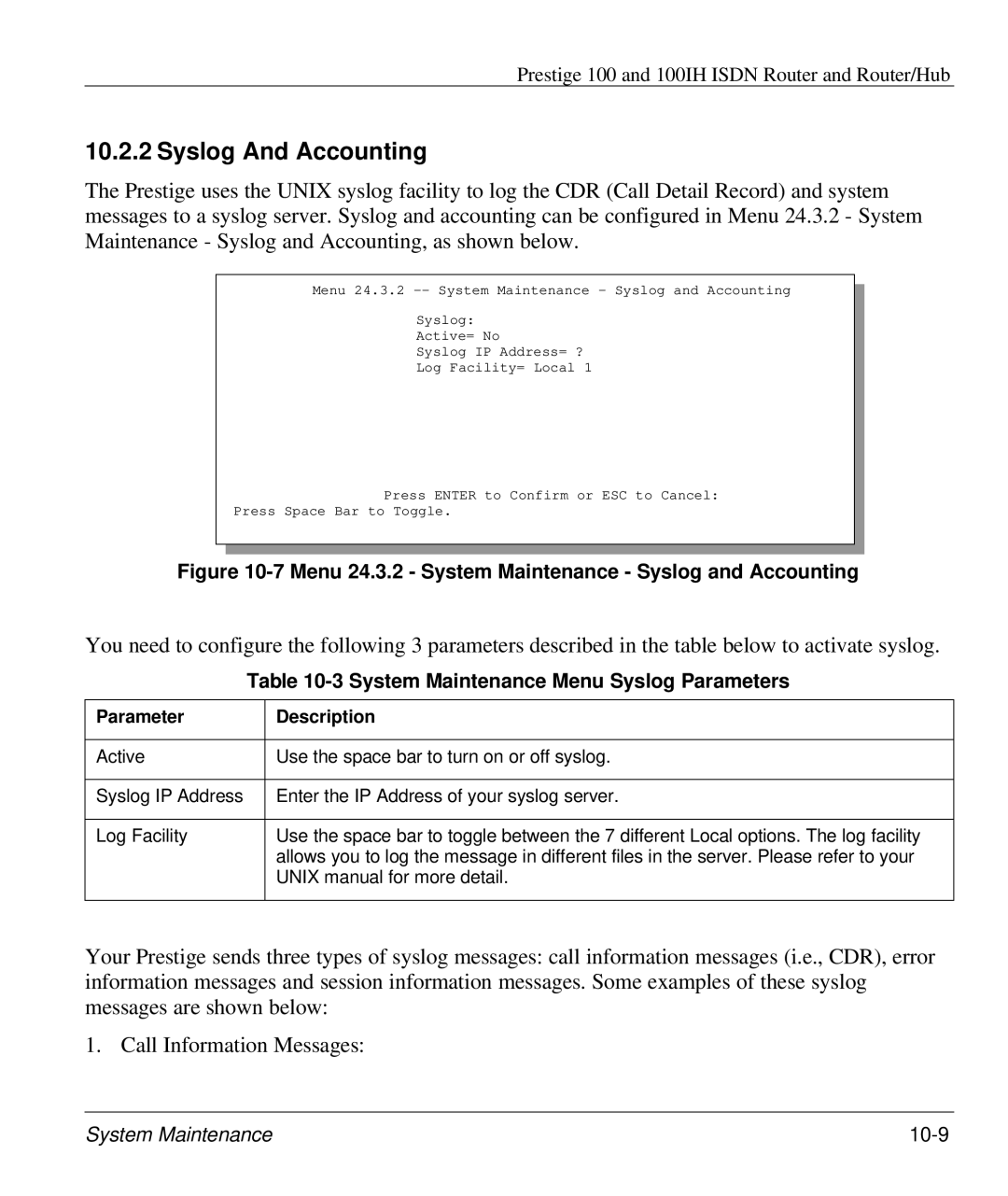 ZyXEL Communications 100IH manual Syslog And Accounting, System Maintenance Menu Syslog Parameters, Parameter Description 