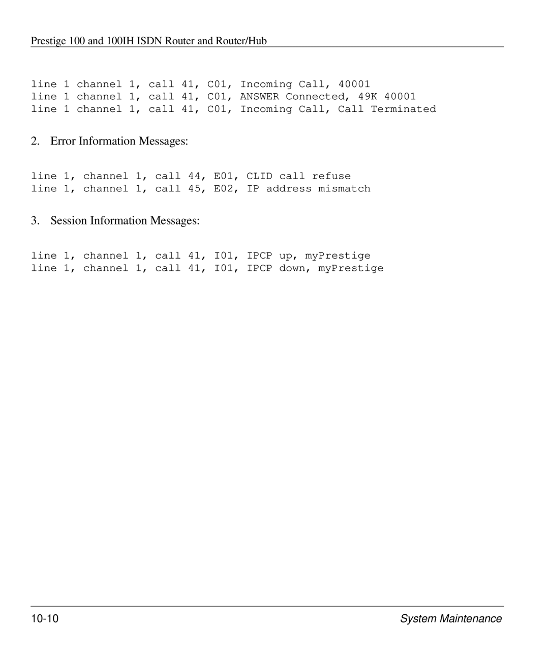 ZyXEL Communications 100IH manual Error Information Messages 