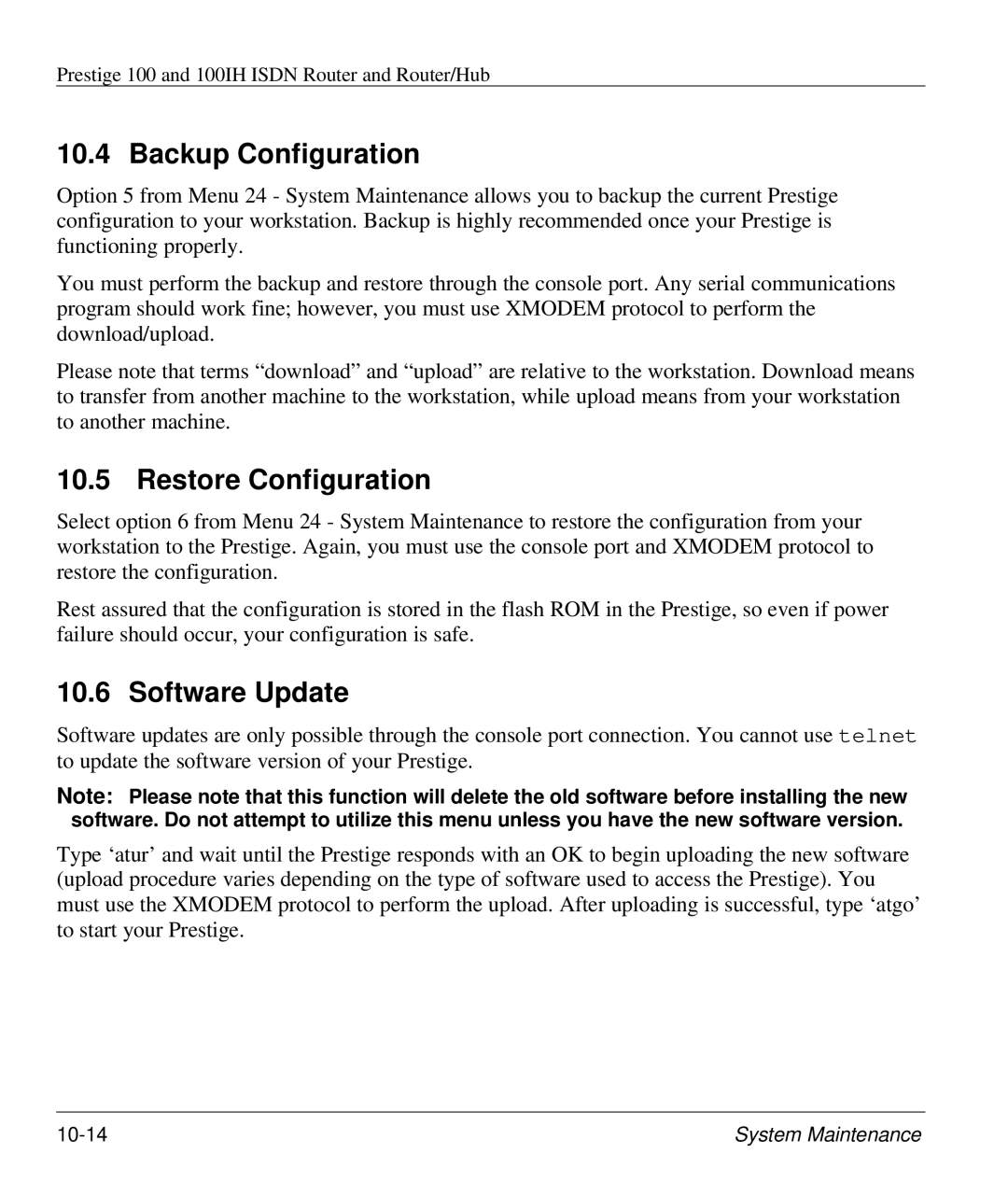 ZyXEL Communications 100IH manual Backup Configuration, Restore Configuration, Software Update 