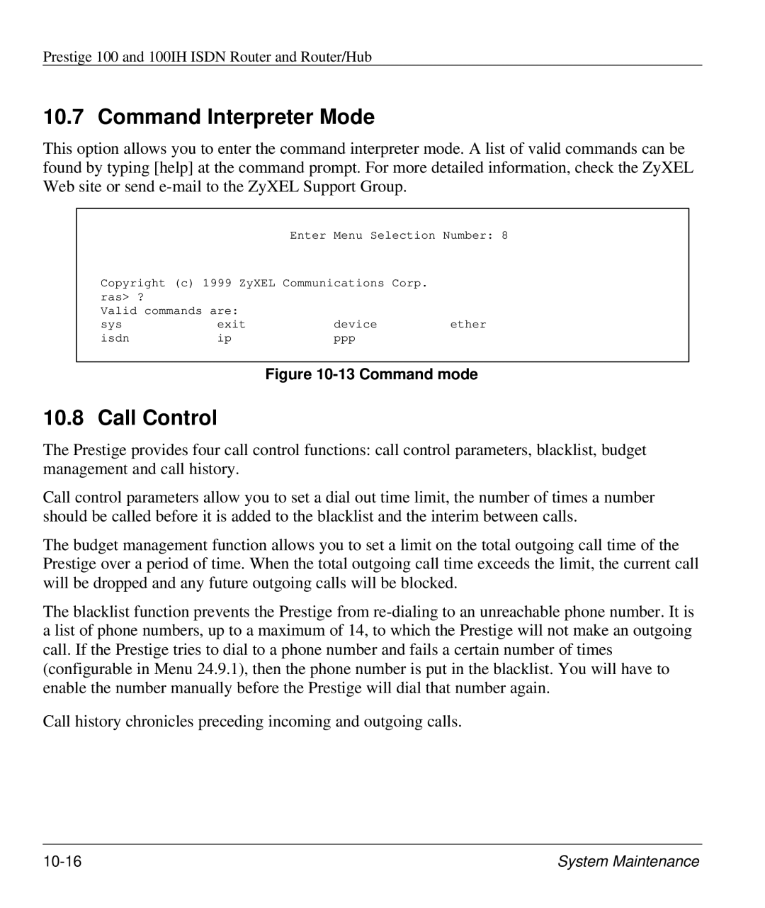 ZyXEL Communications 100IH manual Command Interpreter Mode, Call Control 