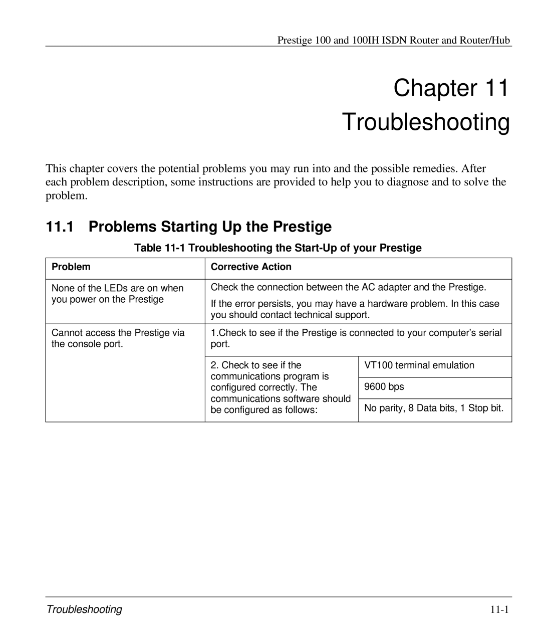 ZyXEL Communications 100IH manual Chapter Troubleshooting, Problems Starting Up the Prestige, Problem Corrective Action 