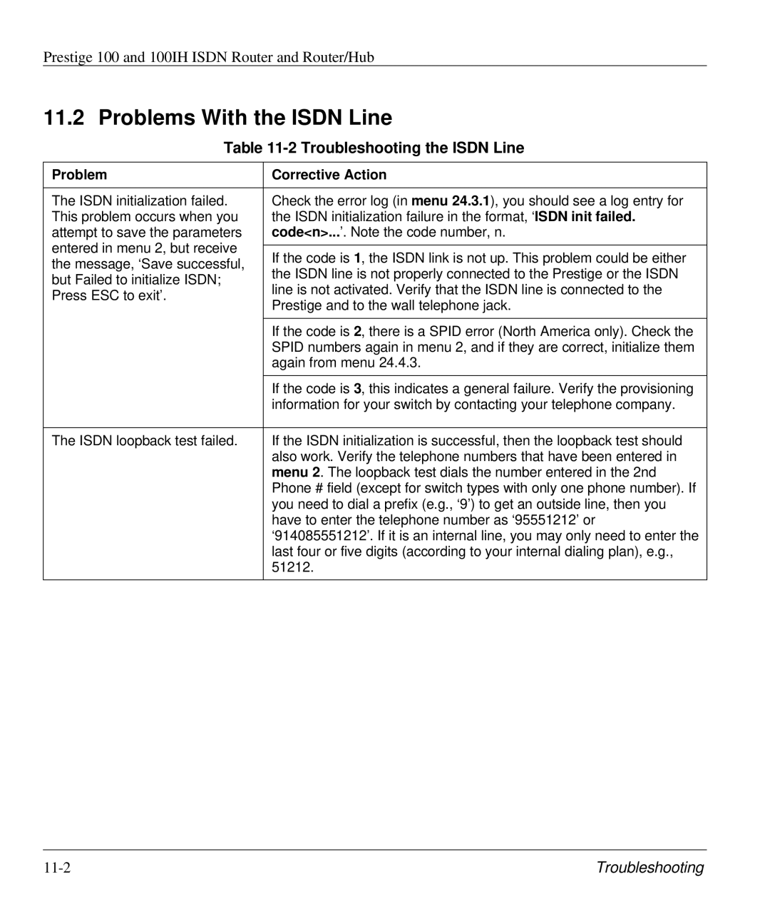 ZyXEL Communications 100IH manual Problems With the Isdn Line, Troubleshooting the Isdn Line 