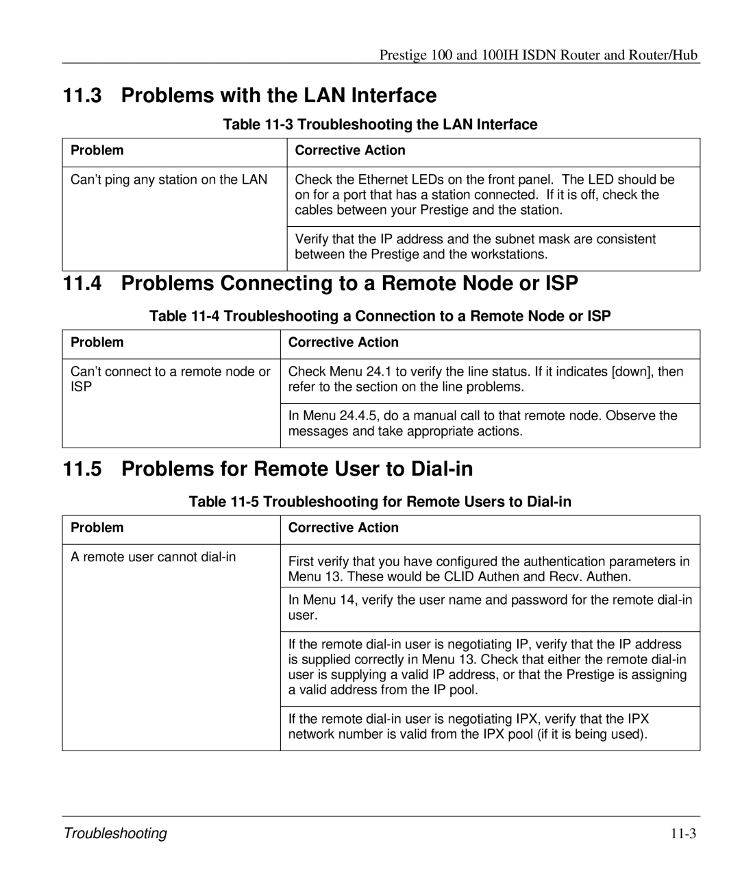 ZyXEL Communications 100IH manual Problems with the LAN Interface, Problems Connecting to a Remote Node or ISP 