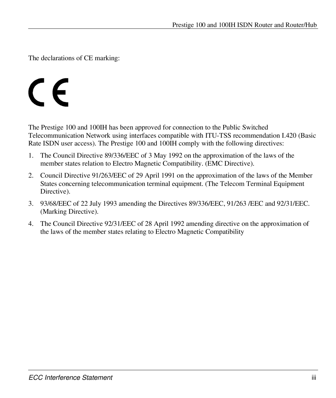 ZyXEL Communications 100IH manual ECC Interference Statement Iii 