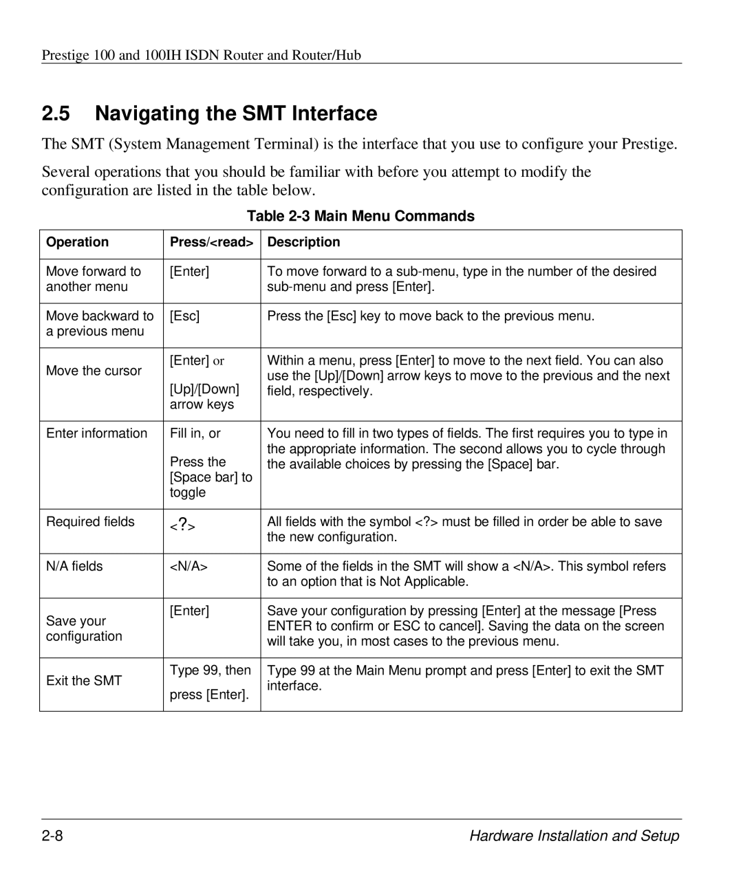 ZyXEL Communications 100IH manual Navigating the SMT Interface, Main Menu Commands, Operation Press/read Description 