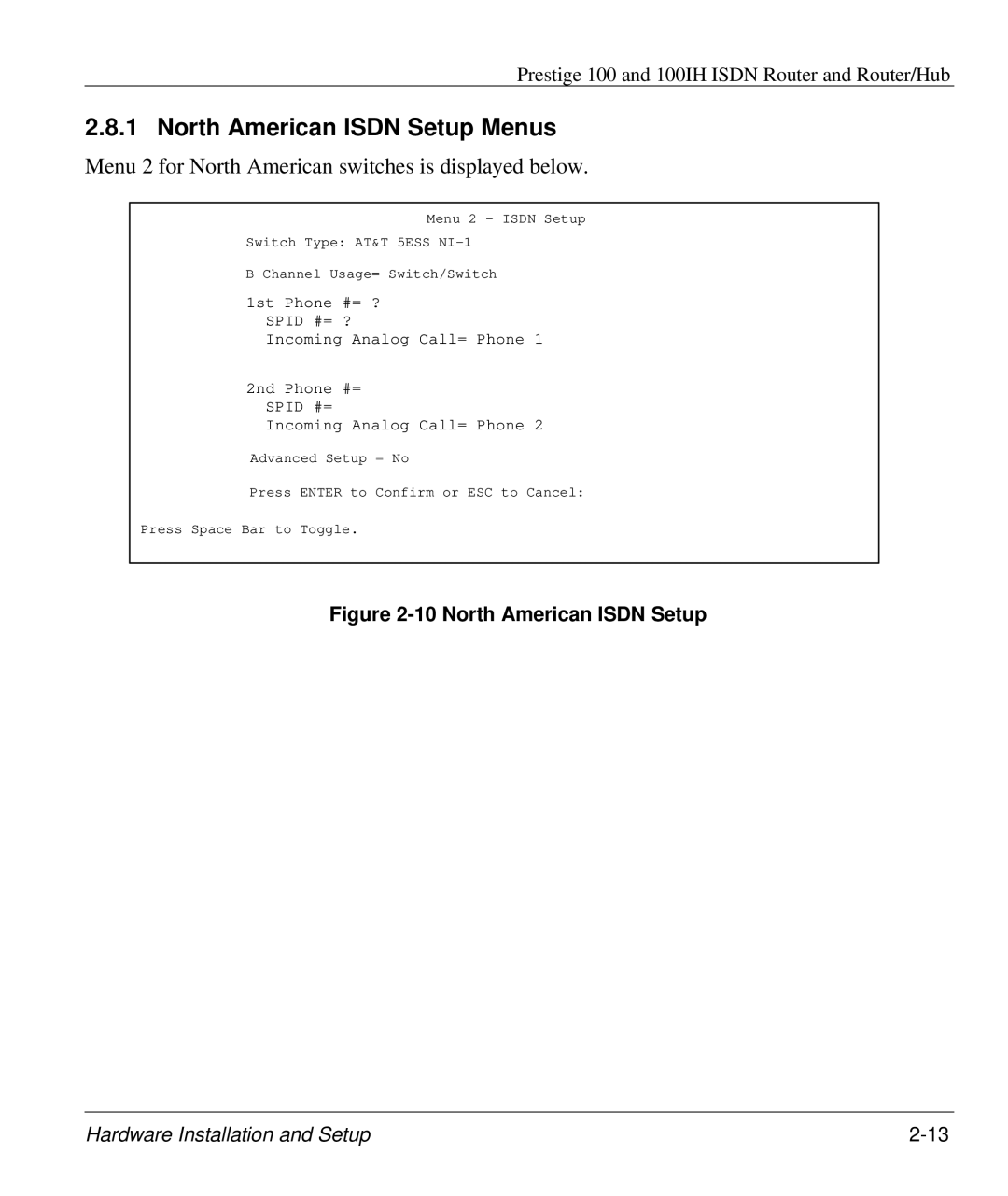 ZyXEL Communications 100IH manual North American Isdn Setup Menus 