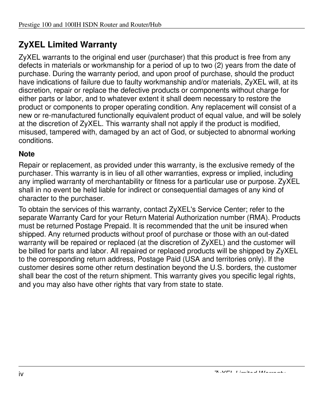 ZyXEL Communications 100IH manual ZyXEL Limited Warranty 