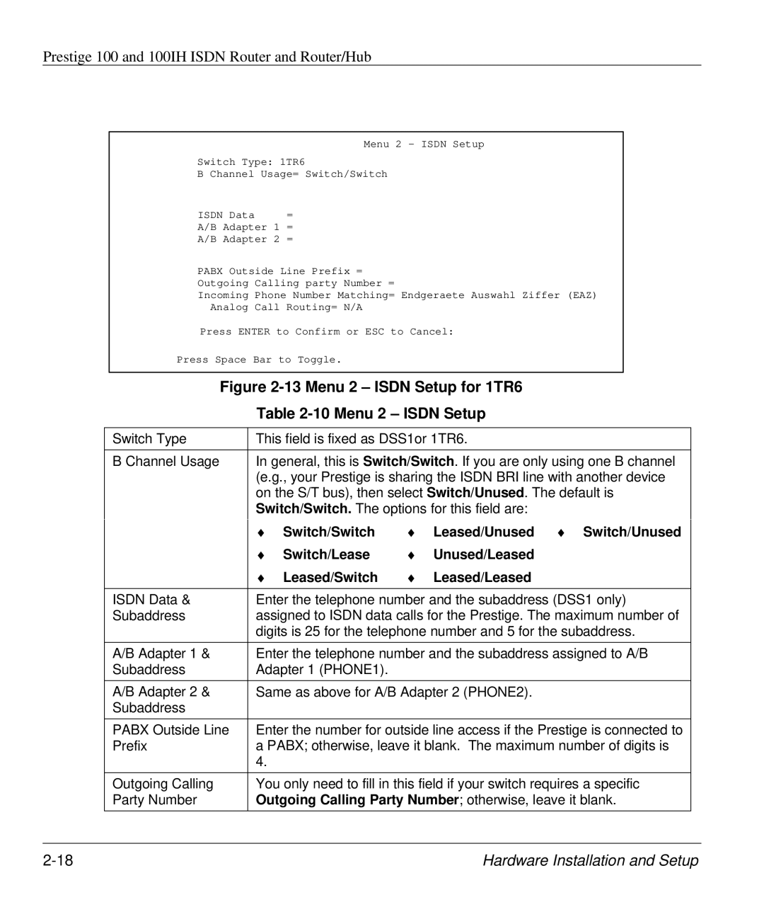 ZyXEL Communications 100IH manual Menu 2 Isdn Setup for 1TR6 10 Menu 2 Isdn Setup 