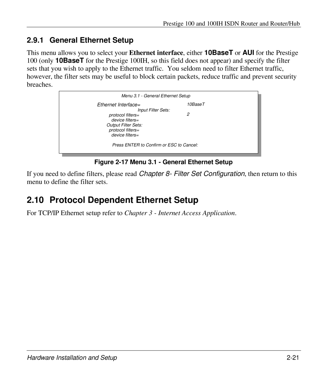 ZyXEL Communications 100IH manual Protocol Dependent Ethernet Setup, General Ethernet Setup 