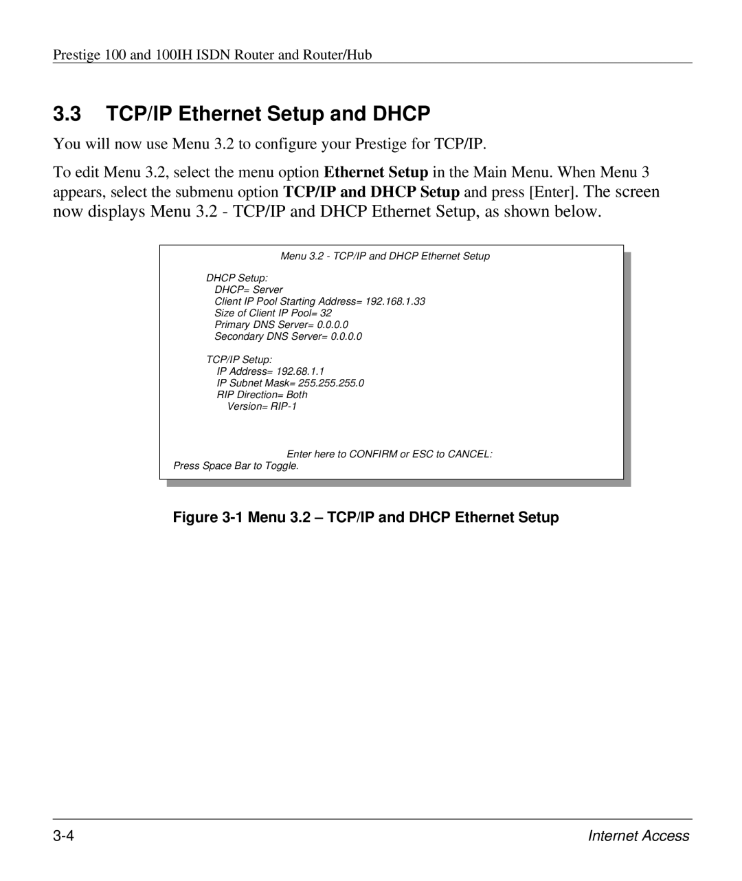 ZyXEL Communications 100IH manual TCP/IP Ethernet Setup and Dhcp, Menu 3.2 TCP/IP and Dhcp Ethernet Setup 