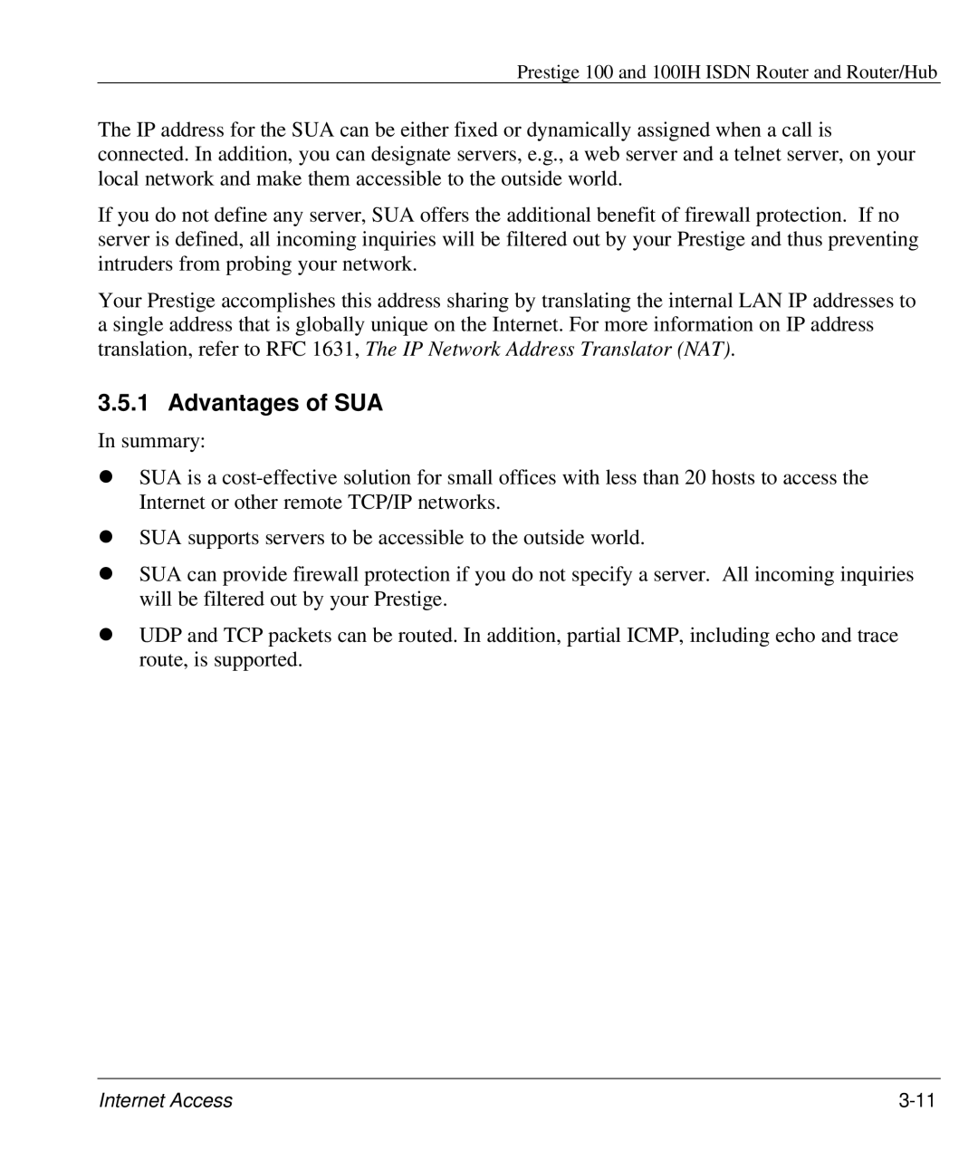 ZyXEL Communications 100IH manual Advantages of SUA 