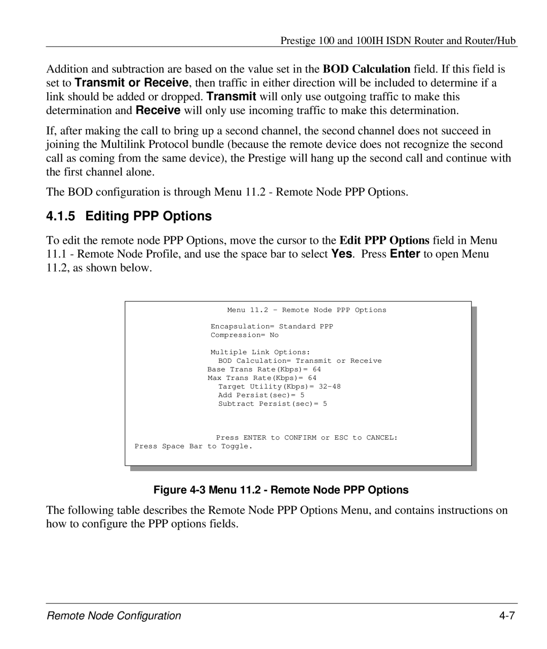 ZyXEL Communications 100IH manual Editing PPP Options, Menu 11.2 Remote Node PPP Options 