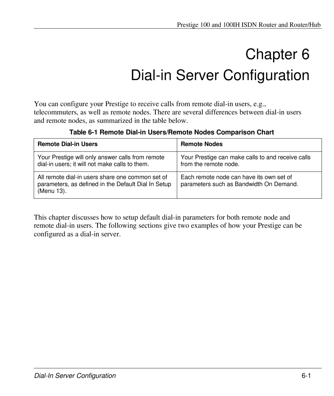 ZyXEL Communications 100IH manual Chapter Dial-in Server Configuration, Remote Dial-in Users/Remote Nodes Comparison Chart 