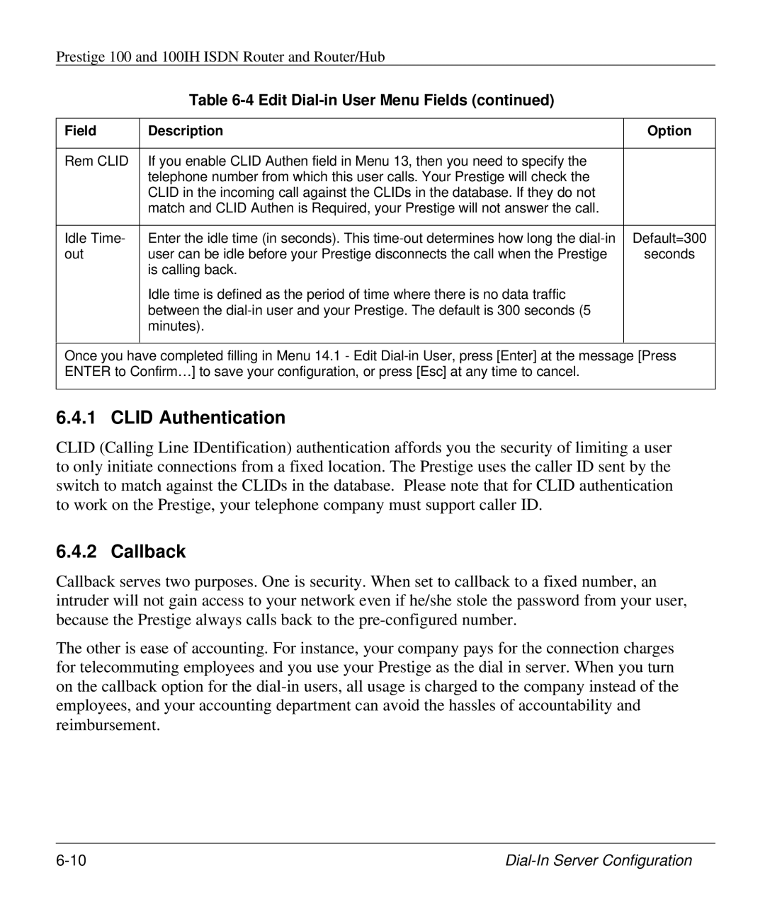 ZyXEL Communications 100IH manual Clid Authentication, Callback 