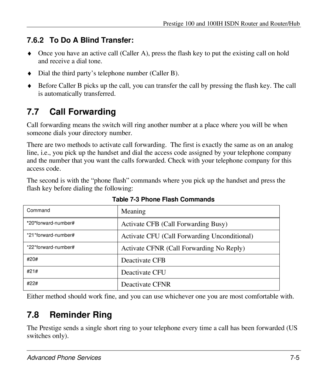 ZyXEL Communications 100IH manual Call Forwarding, Reminder Ring, To Do a Blind Transfer, Phone Flash Commands 