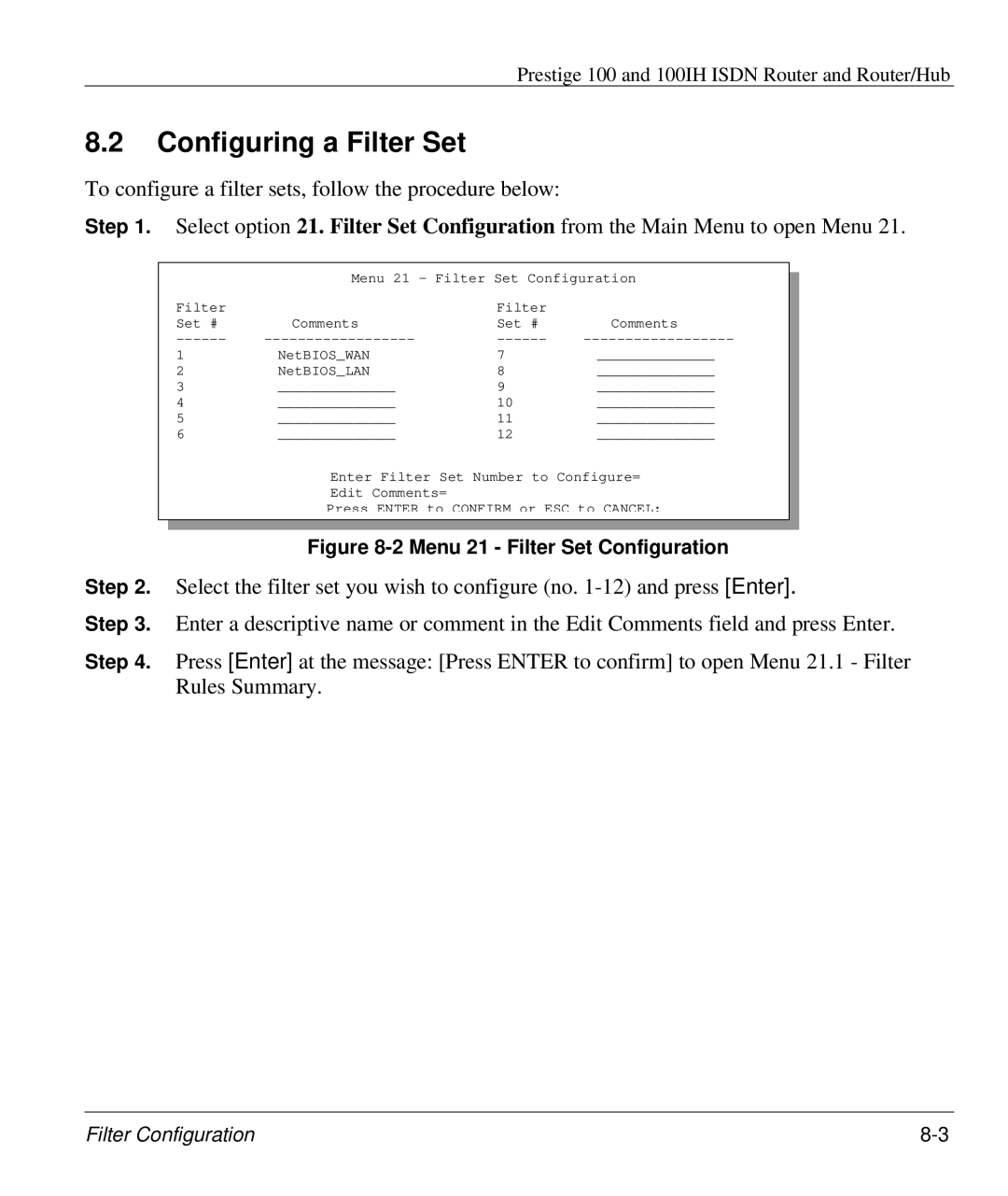 ZyXEL Communications 100IH manual Configuring a Filter Set, Step 