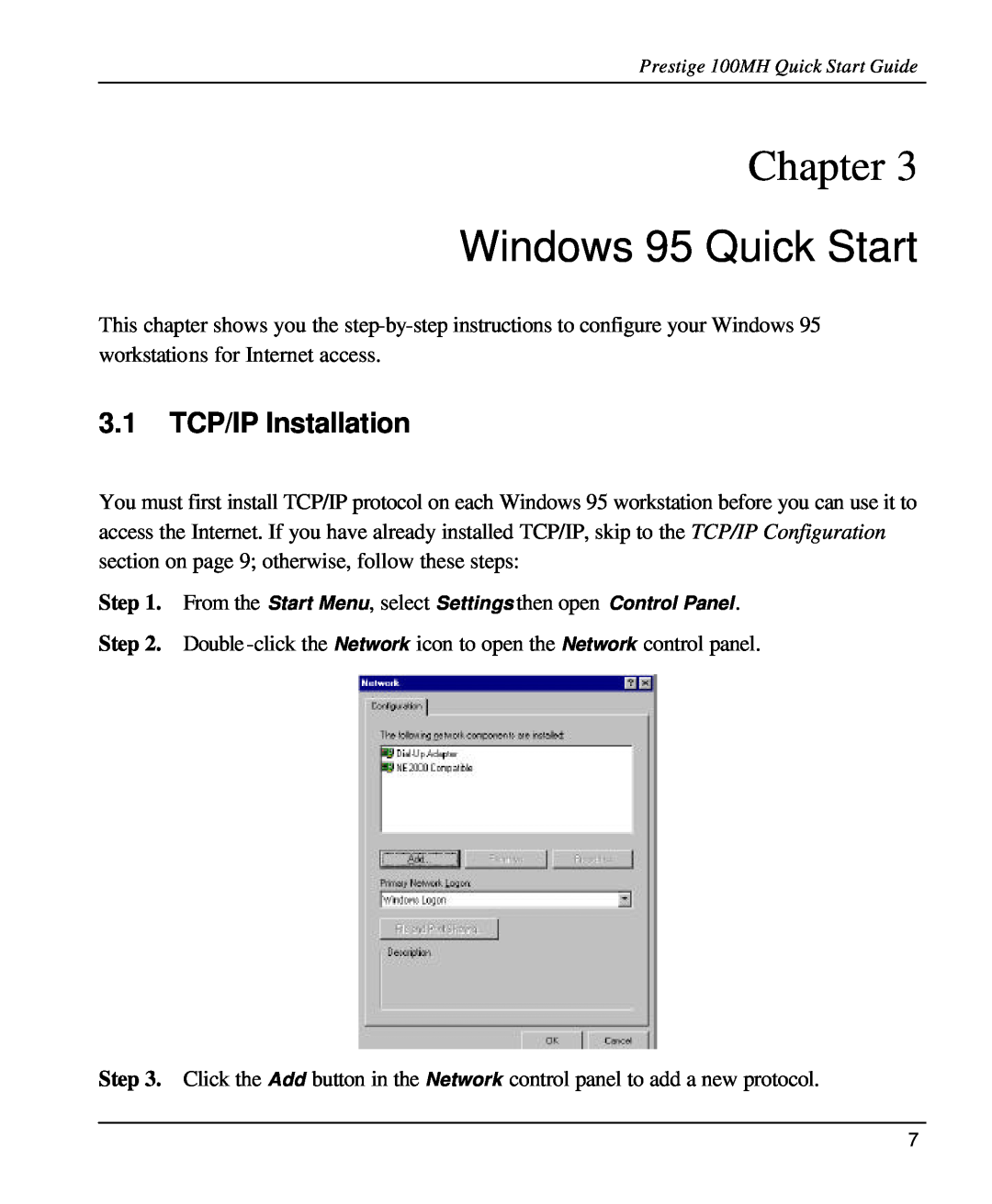 ZyXEL Communications 100MH quick start Windows 95 Quick Start, 3.1 TCP/IP Installation, Chapter 