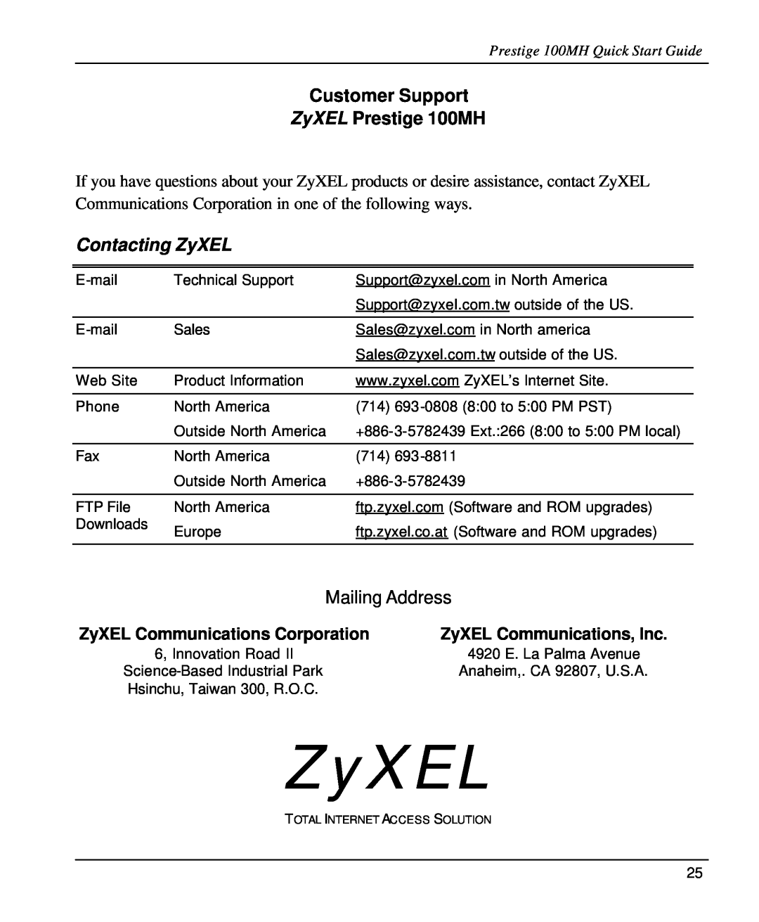 ZyXEL Communications Customer Support ZyXEL Prestige 100MH, ZyXEL Communications Corporation, ZyXEL Communications, Inc 