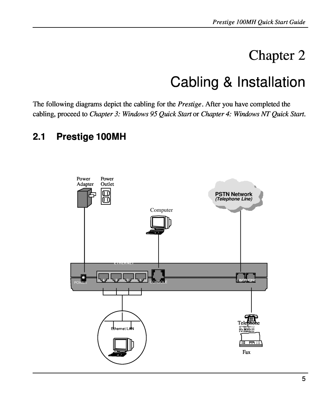 ZyXEL Communications Cabling & Installation, Chapter, Prestige 100MH Quick Start Guide, Power Power Adapter Outlet 