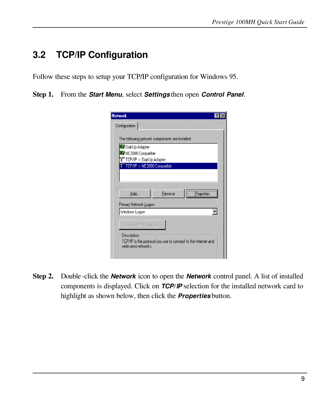 ZyXEL Communications 100MH quick start TCP/IP Configuration 