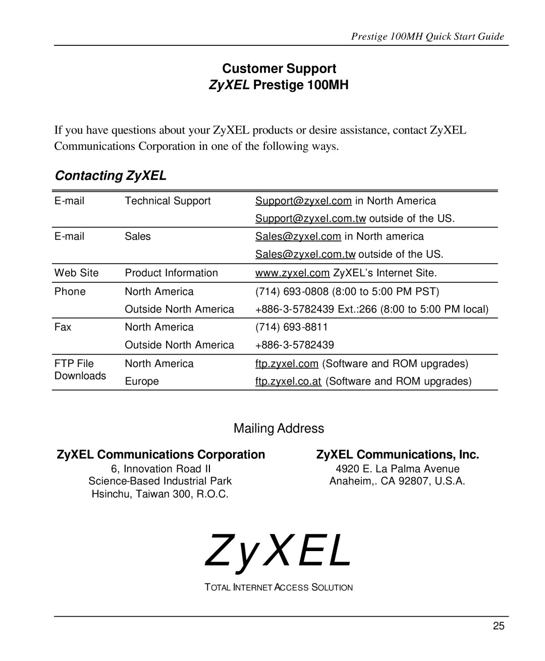 ZyXEL Communications 100MH quick start Contacting ZyXEL 