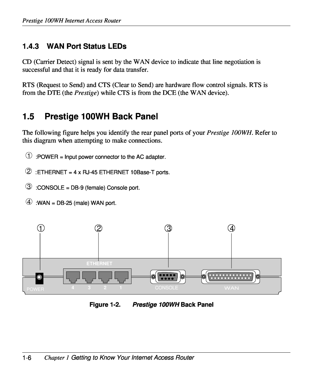 ZyXEL Communications user manual Prestige 100WH Back Panel, WAN Port Status LEDs 