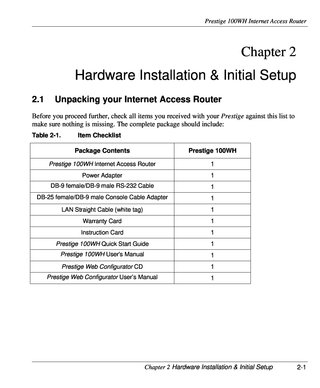 ZyXEL Communications 100WH Hardware Installation & Initial Setup, Unpacking your Internet Access Router, Chapter 