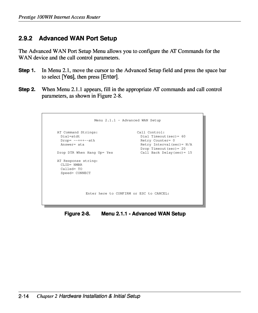 ZyXEL Communications 100WH user manual Advanced WAN Port Setup, 8. Menu 2.1.1 - Advanced WAN Setup 