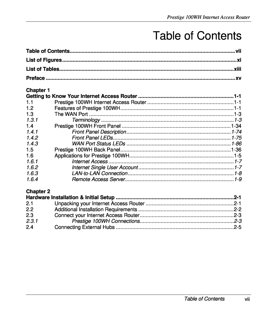 ZyXEL Communications user manual Table of Contents, Prestige 100WH Internet Access Router, xiii, Chapter 