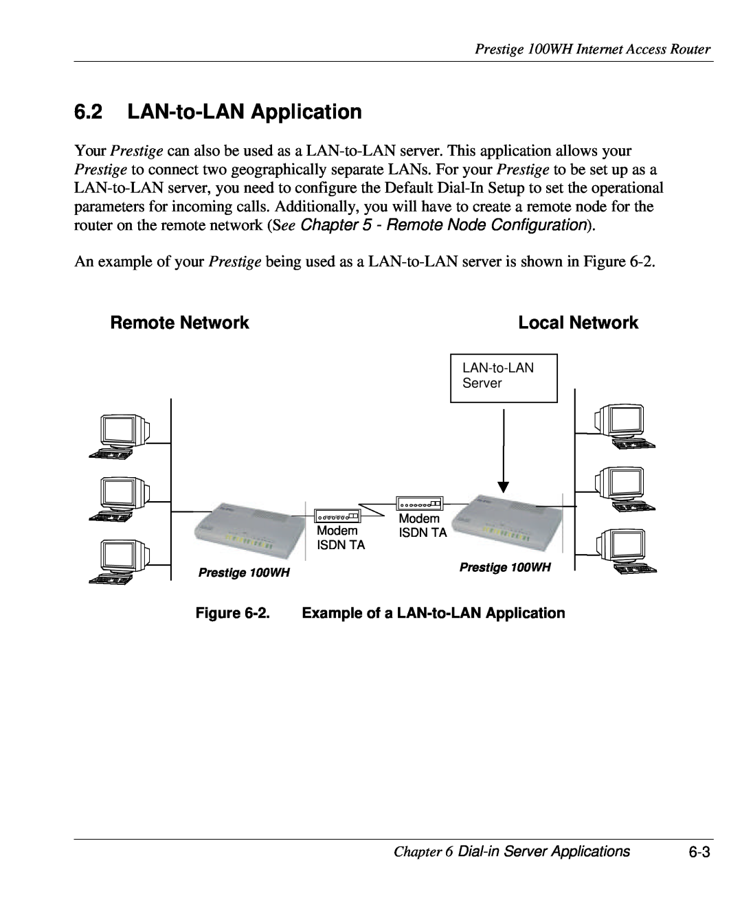 ZyXEL Communications 100WH user manual Remote Network, Local Network, 2. Example of a LAN-to-LAN Application 